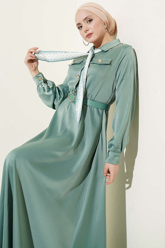 Satin Evening Dress with Scarf and Belt in Pistachio Green