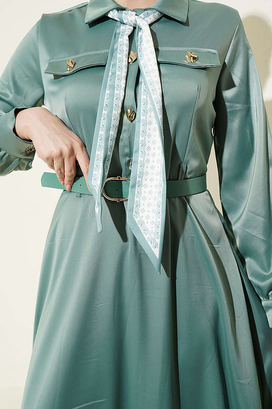 Satin Evening Dress with Scarf and Belt in Pistachio Green