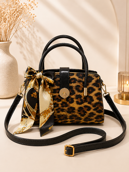 Fularlı Kilit Detaylı Fermuarlı Çanta Leopar