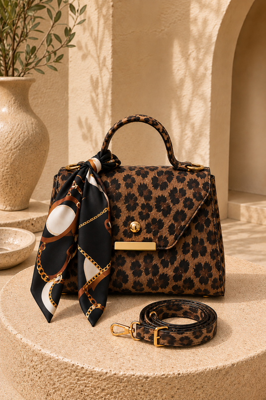 Fularlı Leopar Süet Çanta Leopar
