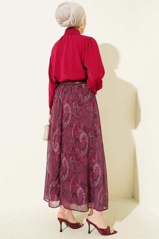 Fularlı Retro Desen Şifon Etekli Takım Bordo