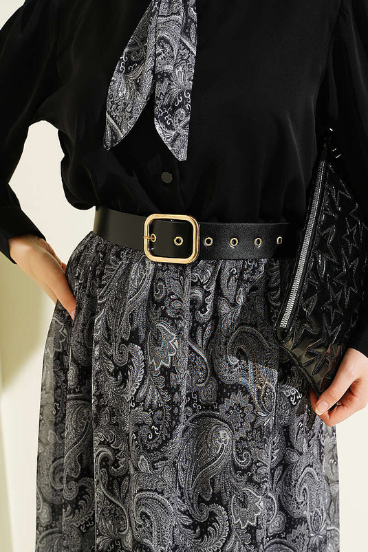 Retro-Muster Chiffon-Rock-Set mit Schal, Schwarz