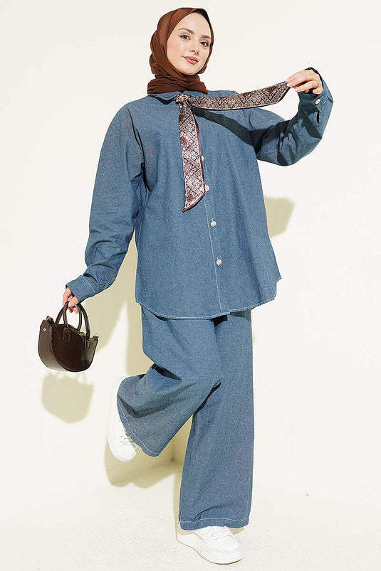 Ensemble en jean à deux pièces avec foulard et boutons en pierre