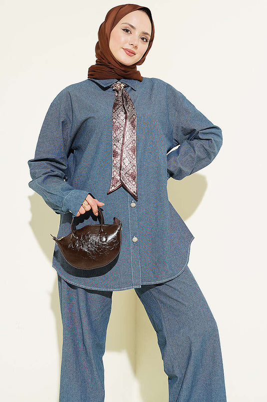 Ensemble en jean à deux pièces avec foulard et boutons en pierre