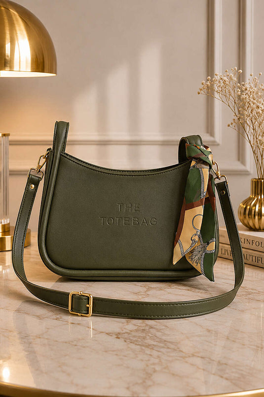 Fularlı The Tote Bag Yazılı Çanta Haki