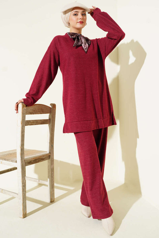 Fularlı Triko İkili Takım Bordo