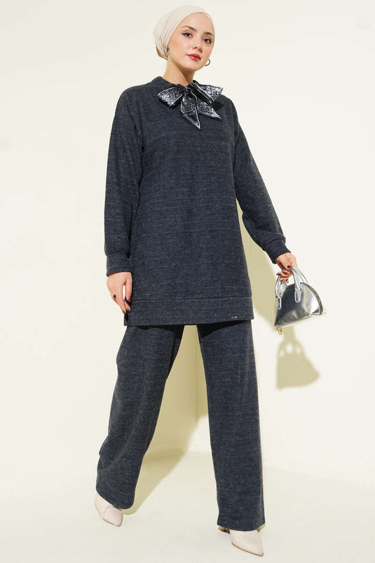Fularlı Triko İkili Takım Füme