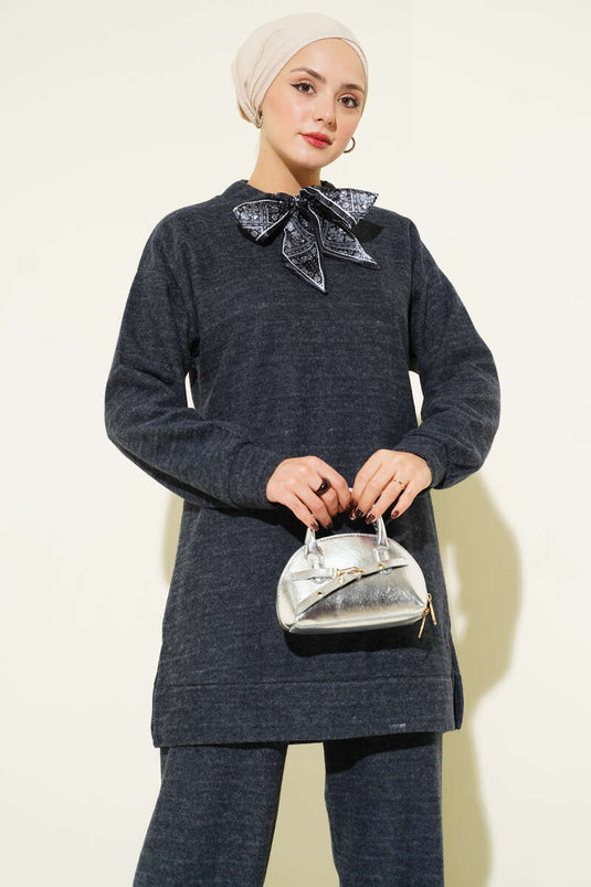 Fularlı Triko İkili Takım Füme