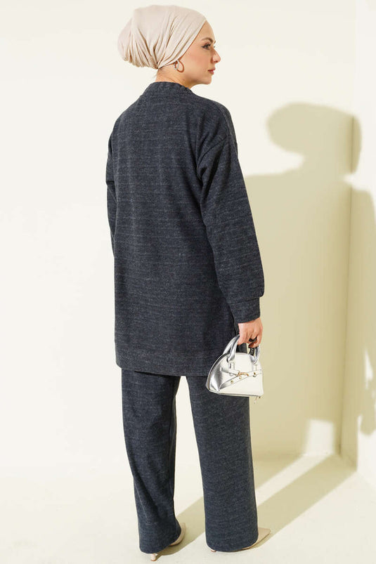 Fularlı Triko İkili Takım Füme