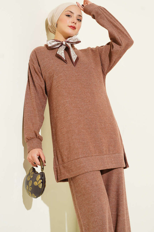 Fularlı Triko İkili Takım Sütlü Kahve