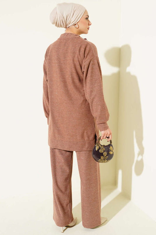 Fularlı Triko İkili Takım Sütlü Kahve