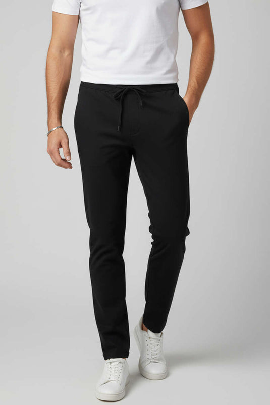 بنطلون رجالي من قماش الجبردين مع رباط عند الخصر، أسود