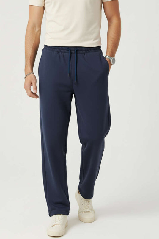 بنطلون رجالي من قماش الجبردين بحزام خصر مطاطي، لون أزرق داكن