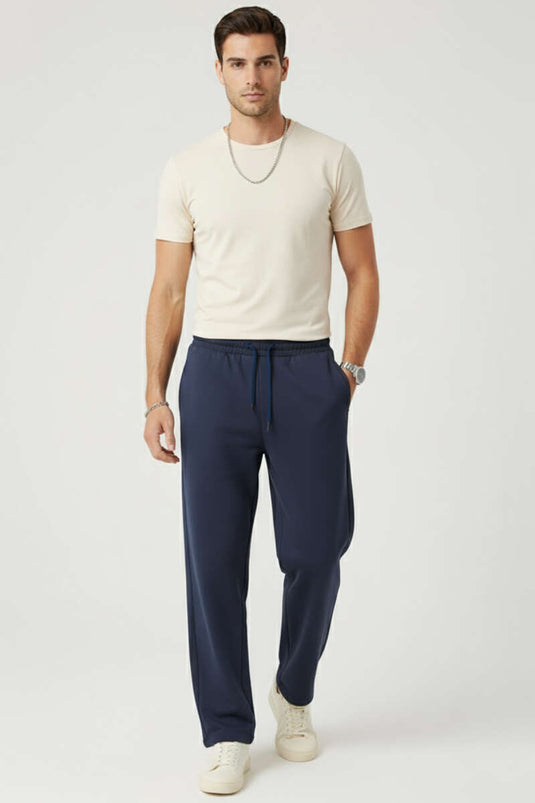 Pantalon en gabardine pour homme avec taille élastiquée, bleu marine