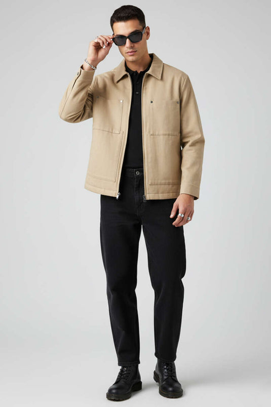 Men's Gabardine Zip-Up Jacket, Beige
