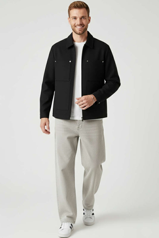 Men's Gabardine Zip-Up Jacket, Black