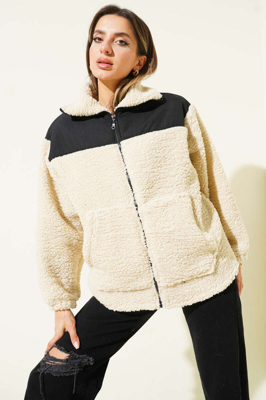 Plush Jacket with Garni Detail and Zipper, Beige