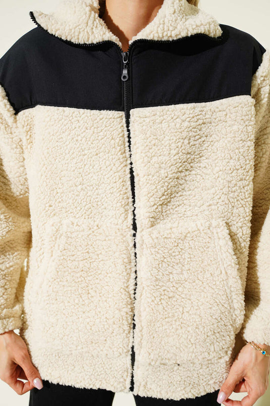 Veste en peluche avec détails matelassés et fermeture éclair, beige