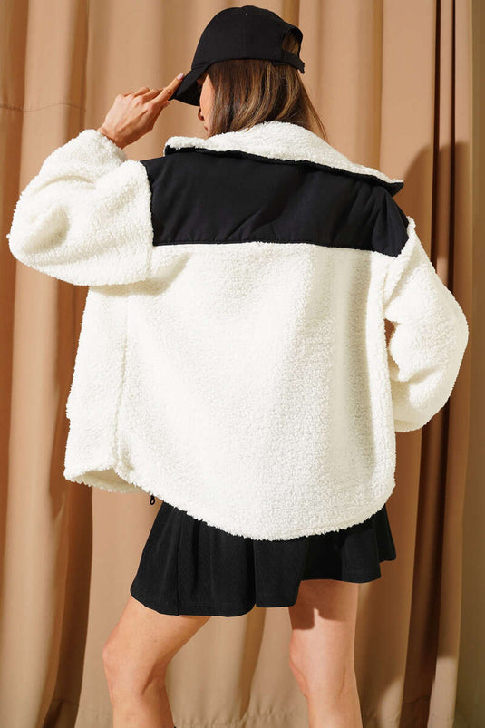 Garni Detailed Zippered Plush Coat, Ecru