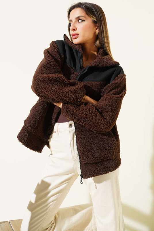 Plush Jacket with Garni Detail and Zipper, Coffee Color