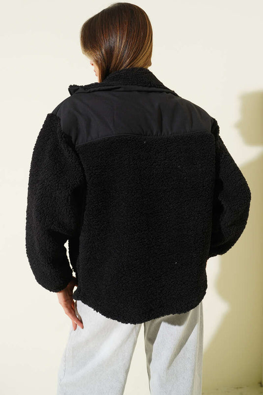Garni Detail Zippered Plush Jacket Black