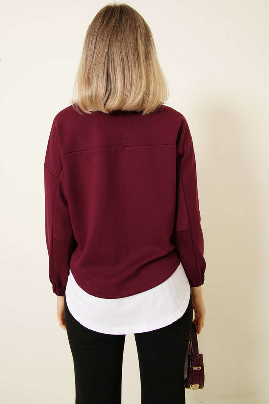 Garnished with Emblem Loyşa Sweatshirt Burgundy