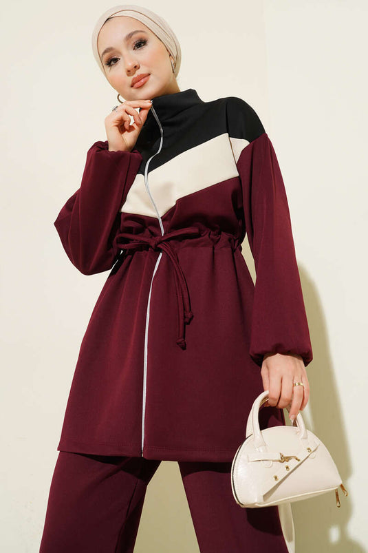 Garnished Waist Tunneled Scuba Two Piece Suit Claret Red