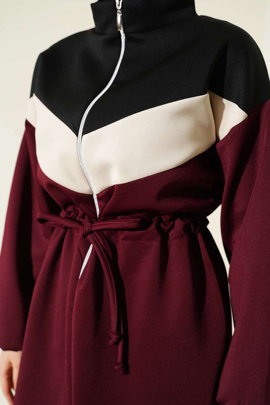 Garnished Waist Tunneled Scuba Two Piece Suit Claret Red