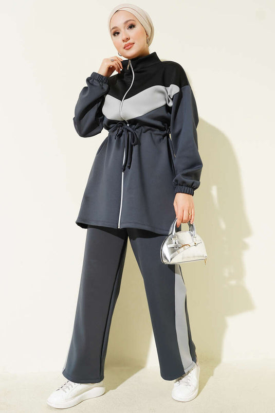 Garnished Waist Tunneled Scuba Two Piece Set Smoked