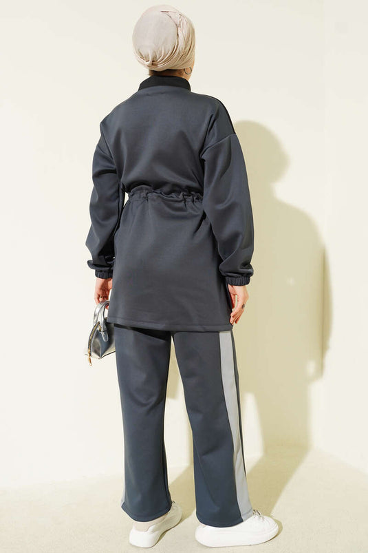 Garnished Waist Tunneled Scuba Two Piece Set Smoked