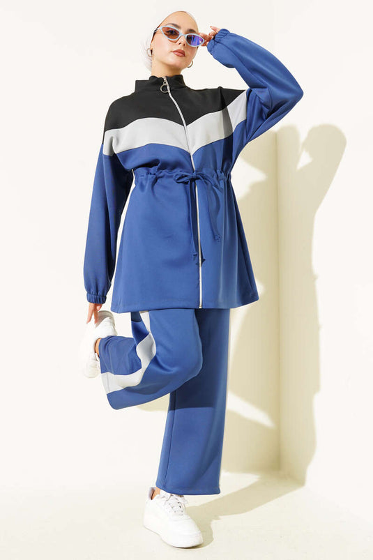 Trimmed Waist Tunnel Scuba Two-Piece Set, Navy Blue