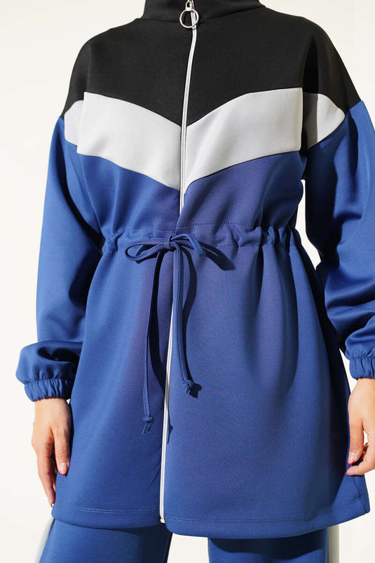 Trimmed Waist Tunnel Scuba Two-Piece Set, Navy Blue