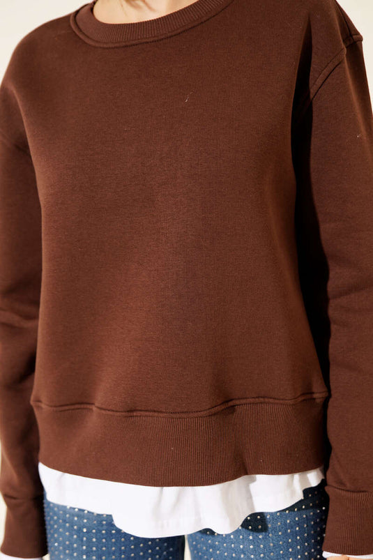 Sweat-shirt à col rond bordé, couleur café