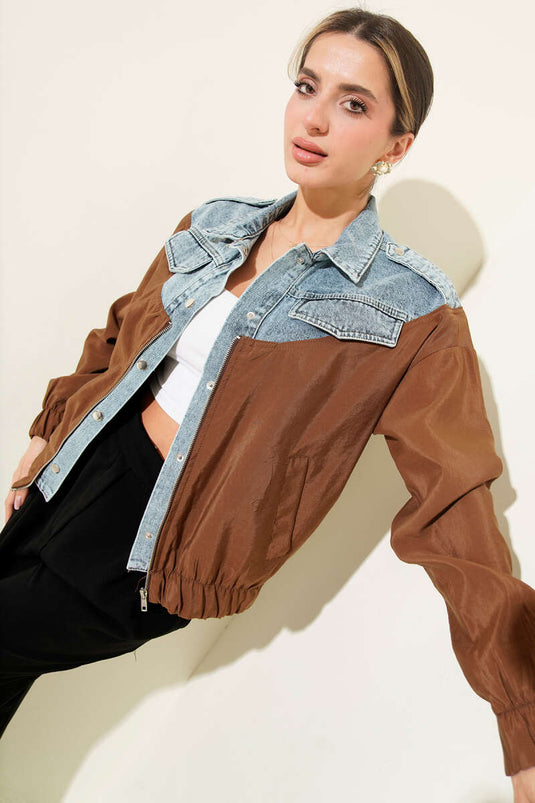 Garnili Cep Kapaklı Bomber Ceket Kahve