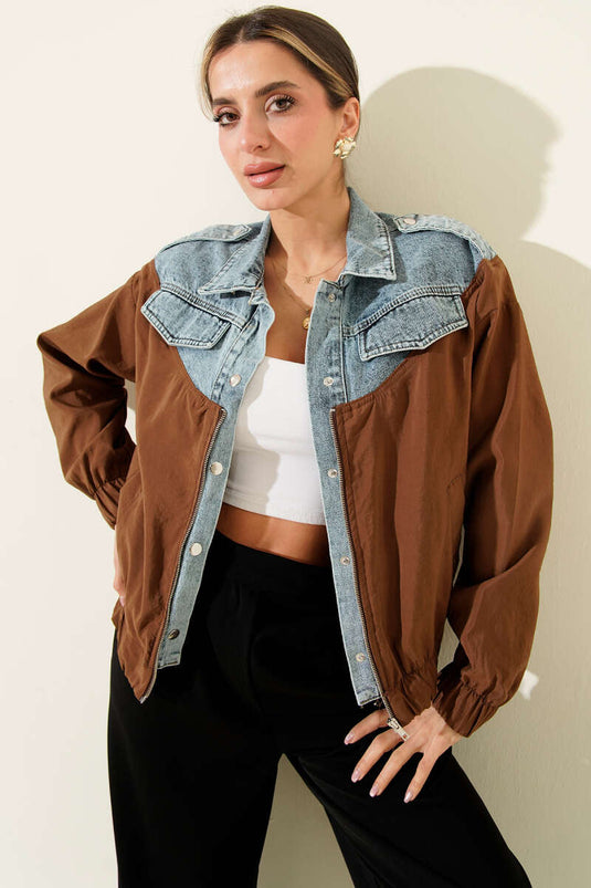 Garnili Cep Kapaklı Bomber Ceket Kahve