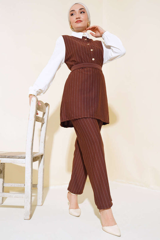 Ensemble Double Rayé Garni Marron