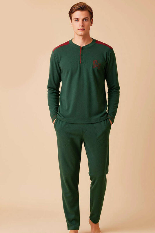 Garnili Knopdetail Fleece Heren Pyjamapakje Khaki