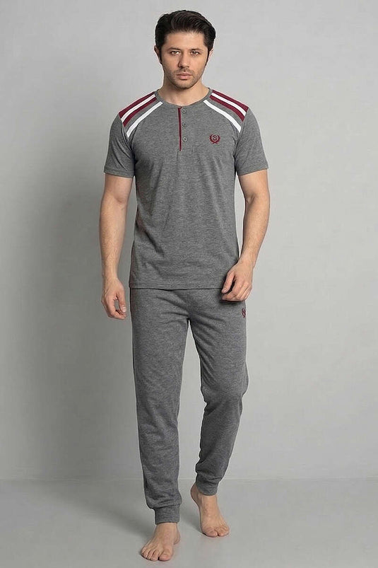 Garnished Buttoned Short Sleeve Men's Pajama Set in Charcoal