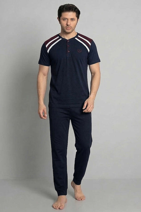 Garnished Buttoned Short Sleeve Men's Pajama Set Navy Blue