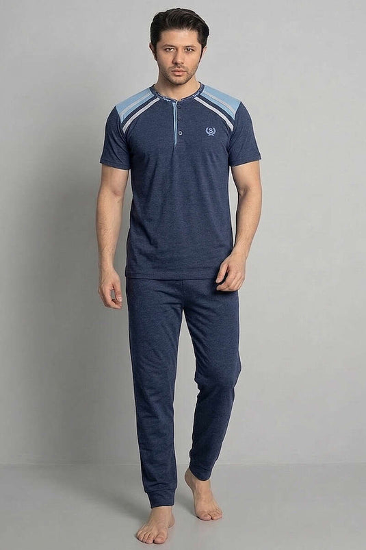 Garnili Kurzarm Herren Pyjama-Set mit Knöpfen in Parlamentblau