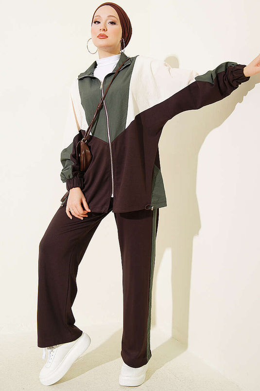 Brown Basic Two-Piece Set With Zipper And Knit