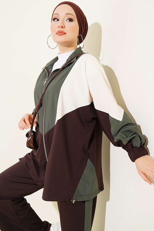 Brown Basic Two-Piece Set With Zipper And Knit