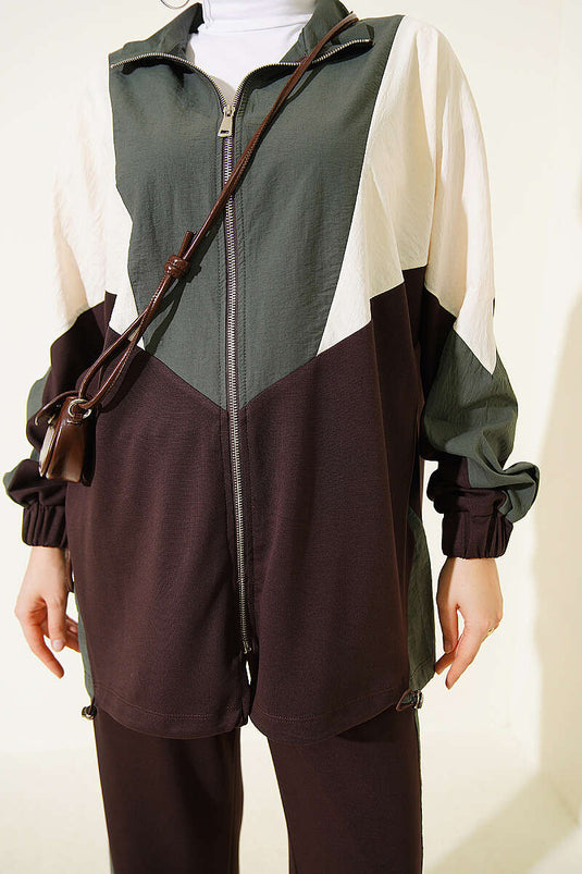 Brown Basic Two-Piece Set With Zipper And Knit
