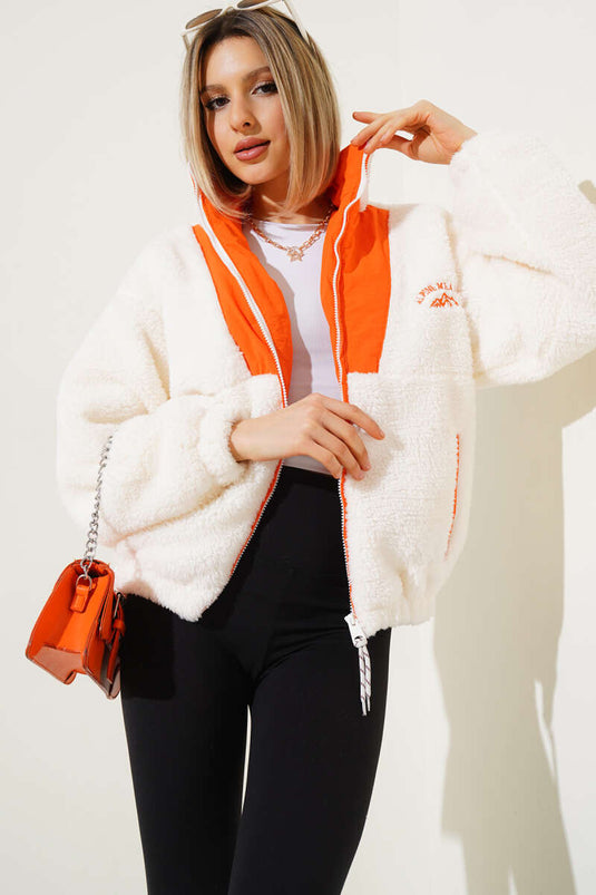 Garnili Fermuarlı Peluş Mont Oranj