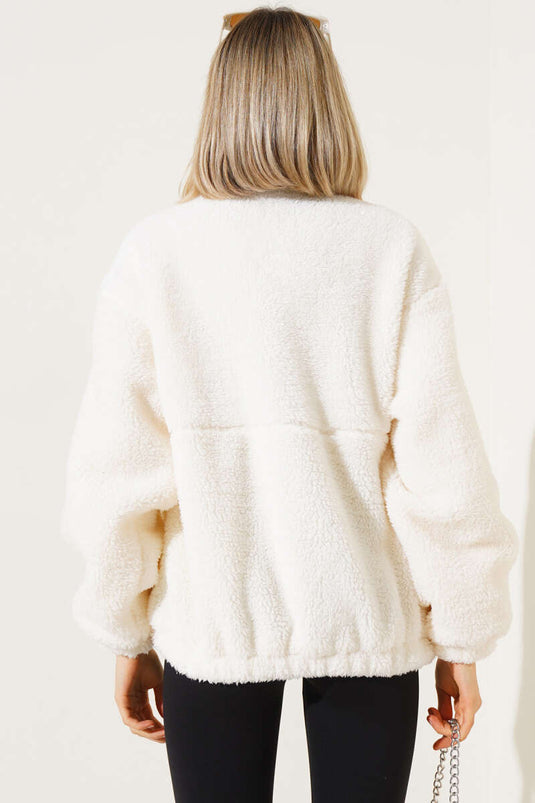 Garnished Zippered Plush Coat Orange