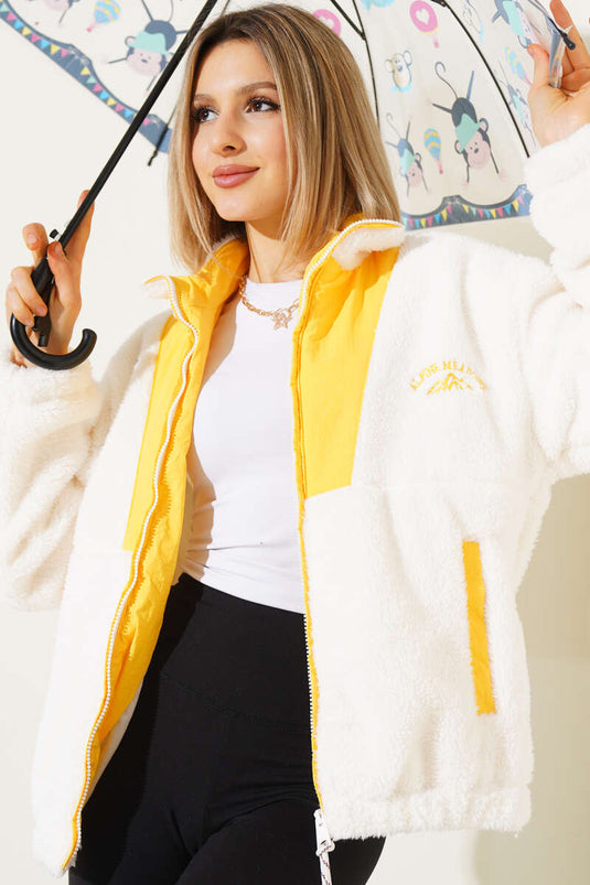 Garnished Zippered Plush Coat Yellow