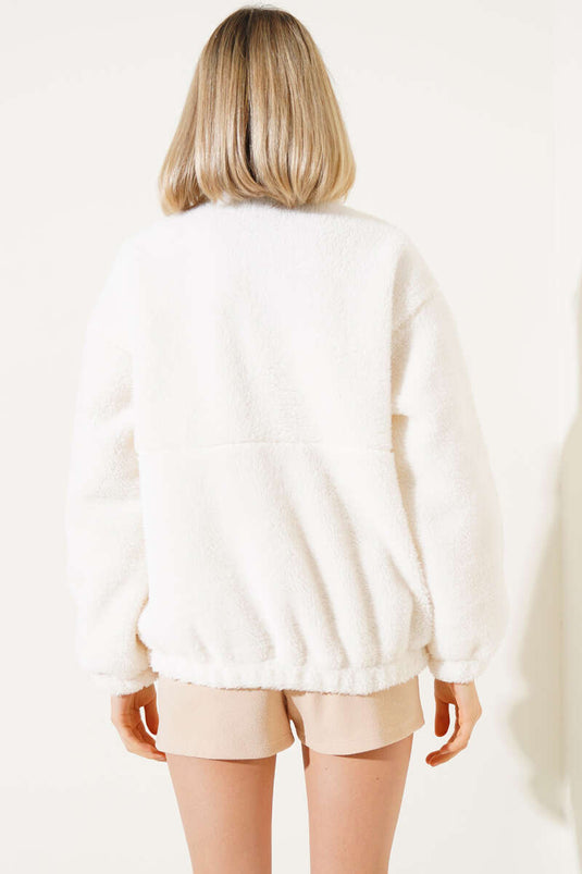 Garnished Zippered Plush Coat Green