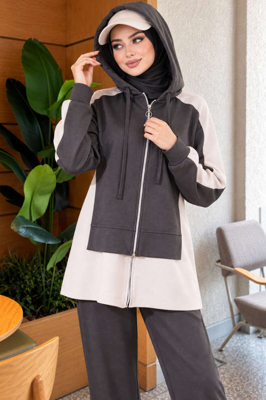 Fuzzy Hooded Wide Leg Two-Piece Set In Smoke Grey