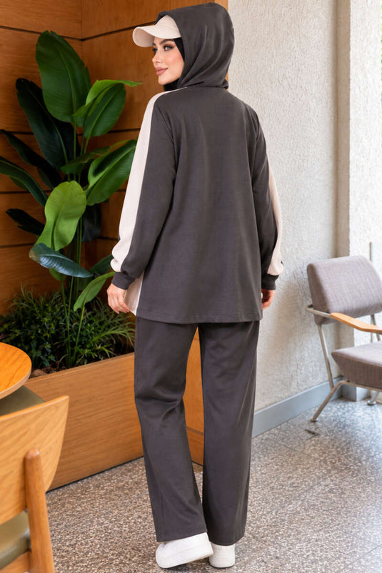 Fuzzy Hooded Wide Leg Two-Piece Set In Smoke Grey