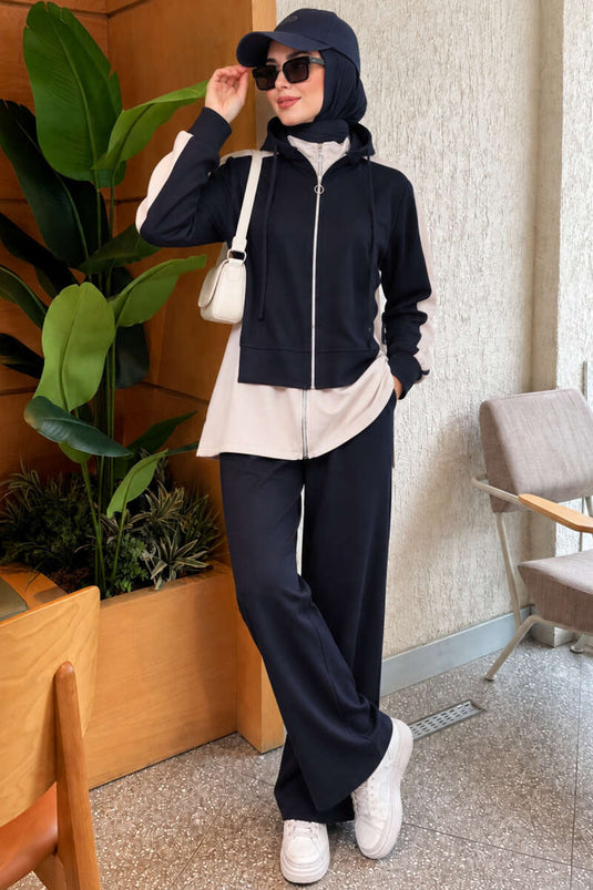 Ensemble Deux Pièces À Capuche En Tricot Marine